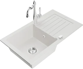 Mexen Pablo, granitový drez 752x436x161 mm, 1-komorový a drezová batéria Carla, biela, 6510-20-670700-00