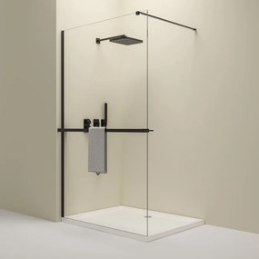 Erga Paris, sprchová zástena Walk-In 130x200 cm s poličkou a vešiakom na uteráky, 8mm číre sklo, čierny profil, ERG-V02-PARIS-130x200-CL-BK-BAR