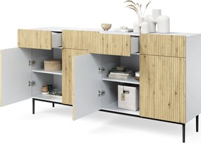Biela štvordverová komoda Nicole 200 cm so zásuvkami - biela / dub artisan / čierne nohy