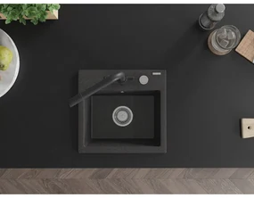 Mexen Milo, granitový drez 435x410x171 mm, 1-komorový a čierna batéria Duero, čierna škvrnitá, 6505-76-671600-70