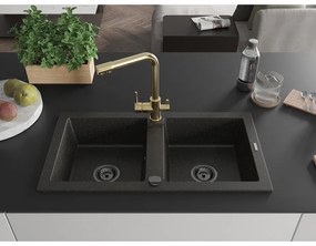 Mexen Mario, 2-komorový granitový drez 820x436x161 mm a zlatá drezová batéria Duero, čierna-zlatá metalíza, 6504-75-671600-50-B