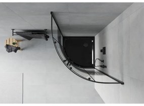 Mexen Rio, štvrťkruhový sprchovací kút s posuvnými dverami 80(dvere) x 80(dvere) x 190 cm, 6mm číre sklo s pásikmi, čierny profil + čierna sprchová vanička SLIM, 863-080-080-70-20-4170B