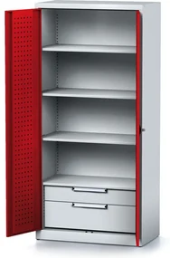 Alfa 3 Policová dielenská skriňa 2-dverová MECHANIC, 3 police, 2 zásuvky, 920 x 500 x 1950 mm, červené dvere