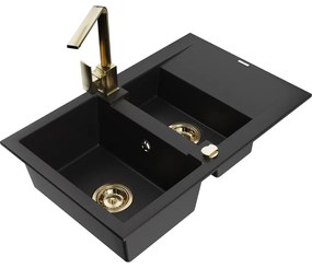 Mexen Gaspar, granitový drez 737x475x177 mm, 1,5-komorový a zlatá batéria Rita, čierna, 6507-77-670300-50