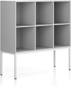 Regál FRAME, nízky, s bielou podnožou, 1299 x 450 x 1331 mm, sivá