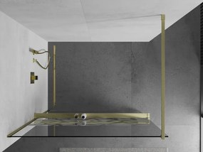 Mexen Kioto+, sprchová zástena Walk-In s poličkou a vešiakom 80 x 200 cm, 8mm číre sklo biely vzor, zlatý matný profil, 800-080-121-55-85