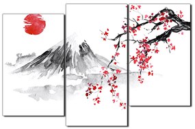 Obraz na plátne - Tradičné sumi-e obraz: sakura, slnko a hory 1271C (135x90 cm)