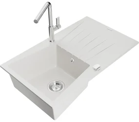 Mexen Cesar, 1-komorový granitový drez 775x470x190 mm a drezová batéria Flora, biela, 6514-20-670401-00