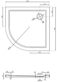 Mexen Flow, štvrťkruhová sprchová vanička slim 90 x 90 cm, biela lesklá, 46Q109090
