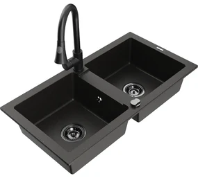 Mexen Mario, 2-komorový granitový drez 820x436x161 mm a drezová batéria Elia, čierna-zlatá metalíza, 6504-75-670101-70-B