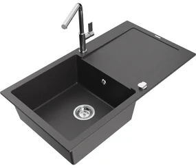 Mexen Leo, 1-komorový granitový drez 900x500x190 mm a drezová batéria Flora, čierna škvrnitá, 6501-76-670401-00