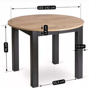 Sada stola HARRY 102-142 cm, dub Craft/čierna, a 4 čiernych stoličiek PERU