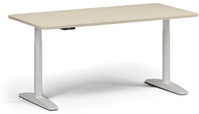 Výškovo nastaviteľný stôl OBOL, elektrický, 675-1325 mm, zaoblené rohy, doska 1600x800 mm, biela zaoblená podnož, orech