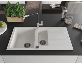 Mexen Matias, 1,5-komorový granitový drez 900x505x200 mm a drezová batéria Flora, biela, 6502-20-670401-07-B