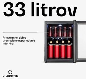Klarstein Beersafe M, chladnička, energet. trieda C, LED, 2 kovové police, sklenené dvierka, čierna