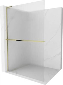 Mexen Kioto+ L, sprchová zástena Walk-In s poličkou a vešiakom 110 x 200 cm, 8mm sklo s rebrovým vzorom, zlatý lesklý profil,800-110-123-50-09