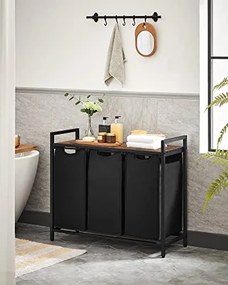 Kôš na bielizeň s policou BERGEN, 3x38l, čierna/hnedá SongmicsHome