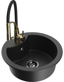 Mexen Diego, 1-komorový granitový drez 488x488x167 mm a drezová batéria Aster, čierna-strieborná metalíza, 6512-73-73450-57-B