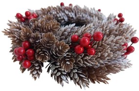 Plastový veniec s námrazou, šišky a červenébobule, d. 26 cm