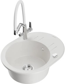 Mexen Kevin, granitový drez 586x458x190 mm, 1-komorový a biela batéria Duo, biela, 6517-20-671701-02