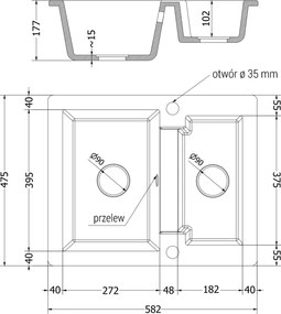 Mexen Carlos, granitový drez 582x475x177 mm, 1,5-komorový, čierna s čiernym sifónom, 6518581500-77-B