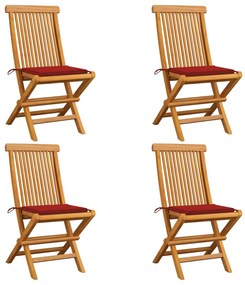 Záhradné stoličky, červené podložky 4 ks, tíkový masív 3062574