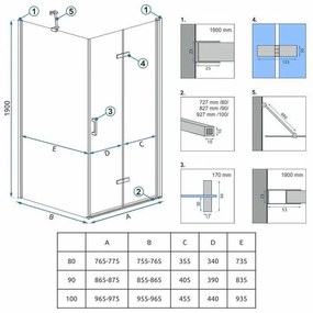 Rea Molier, sprchová kabína 100(dvere) x 80(stena) x 190 cm, 6mm číre sklo, chrómový profil, KPL-K1371