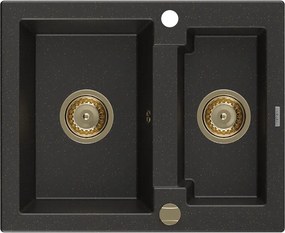Mexen Carlos, granitový drez 582x475x177 mm, 1,5-komorový, čierna-zlatá metalíza so zlatým sifónom, 6518581500-75-G