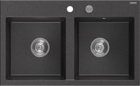 Mexen Hektor dvojkomorový granitový drez 800 x 480 mm, čierny s fľakmi, chrómový sifón - 6521802000-76