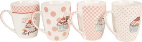 Set 4ks bielo-ružový porcelánový hrnček s tortičkami Cupcake - 8*10 cm / 0,3L