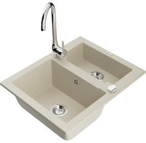 Mexen Carlos, granitový drez 582x475x177 mm, 1,5-komorový a drezová batéria Telma, béžová, 6518-69-670200-00