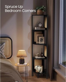 5-úrovňová rohová polica, polica na knihy s polyratanovými stranami, čierna