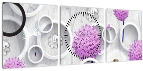 Obraz 3D abstrakcie s kruhmi a kvetinami (s hodinami) (90x30 cm)