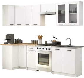 Rohová kuchynská linka OLIVIA H720 3 m s vitrínou biela