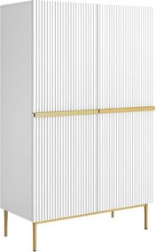 Vysoká komoda Nicole 100 cm s dvoma dverami a ryhovaným čelom - biely mat / zlaté nohy