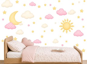 Slnko mesiac ružové obláčiky nálepky na stenu pre dievčatá list 100 x 100 cm
