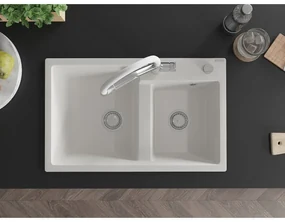 Mexen Tomas, 2-komorový granitový drez 800x500x190 mm  a kuchynská batéria Duo, biela, 6516-20-671701-02