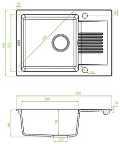 Laveo Celia, 1-komorový granitový drez 650x440x185 mm s krátkym odkvapkávačom, šedá, LAV-SBC_513T