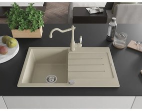 Mexen Bruno, granitový drez 795x495x200 mm, 1-komorový a drezová batéria Carla, béžová, 6513-69-670700-69
