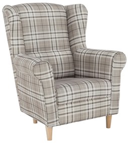 Tempo Kondela Kreslo ušiak, látka hnedé káro, CHARLOT