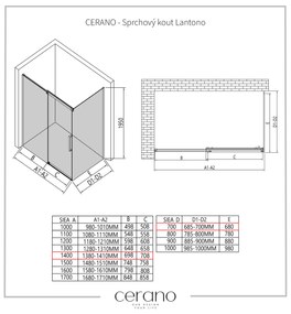 CERANO - Sprchovací kút Lantono L/P - 8 mm - čierna matná, grafitové sklo - 140x70 cm - posuvný, CER-CER-8050BD7527