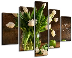 Gario Obraz s hodinami Očarujúce biele tulipány - 5 dielny Rozmery: 150 x 70 cm