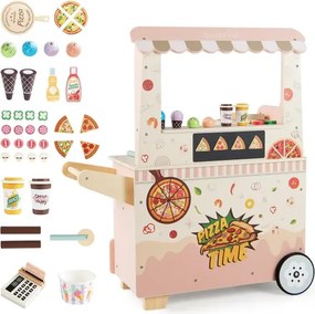 Detská pizza Food Truck Drevený vozík na občerstvenie na hranie rolí s rúrou a magnetickou tabuľou Ružová