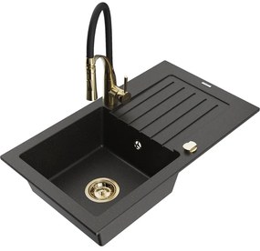 Mexen Pablo, 1-komorový granitový drez 752x436x161 mm a drezová batéria Aster, čierna-zlatá metalíza, 6510-75-73450-57-G