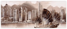 Obrázok - Victoria Harbor, Hong Kong, sépiový efekt (120x50 cm)