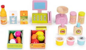 Drevený detský trhový stánok ECOTOYS s pokladňou, terminálom a váhou, 20 dielov