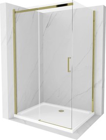 Mexen Omega, sprchovací kút s posuvnými dverami 130 (dvere) x 90 (stena) cm, 8mm číre sklo, zlatý profil + slim sprchová vanička 5cm, 825-130-090-50-00-4010