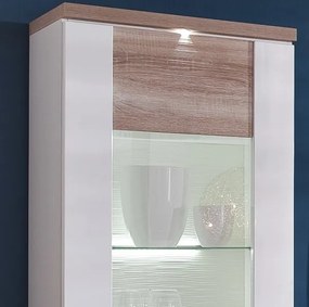 Vysoká vitrína Caracas typ 02, dub / biely lesk, s osvetlením