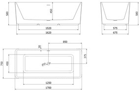 Mexen Nila, voľne stojaca ryhovaná vaňa 170 × 75 cm, biela lesklá, zlatý matný prepad, 52841708000-55