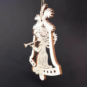 AMADEA Drevená ozdoba 3D zvonček - anjel s píšťalou 9 cm